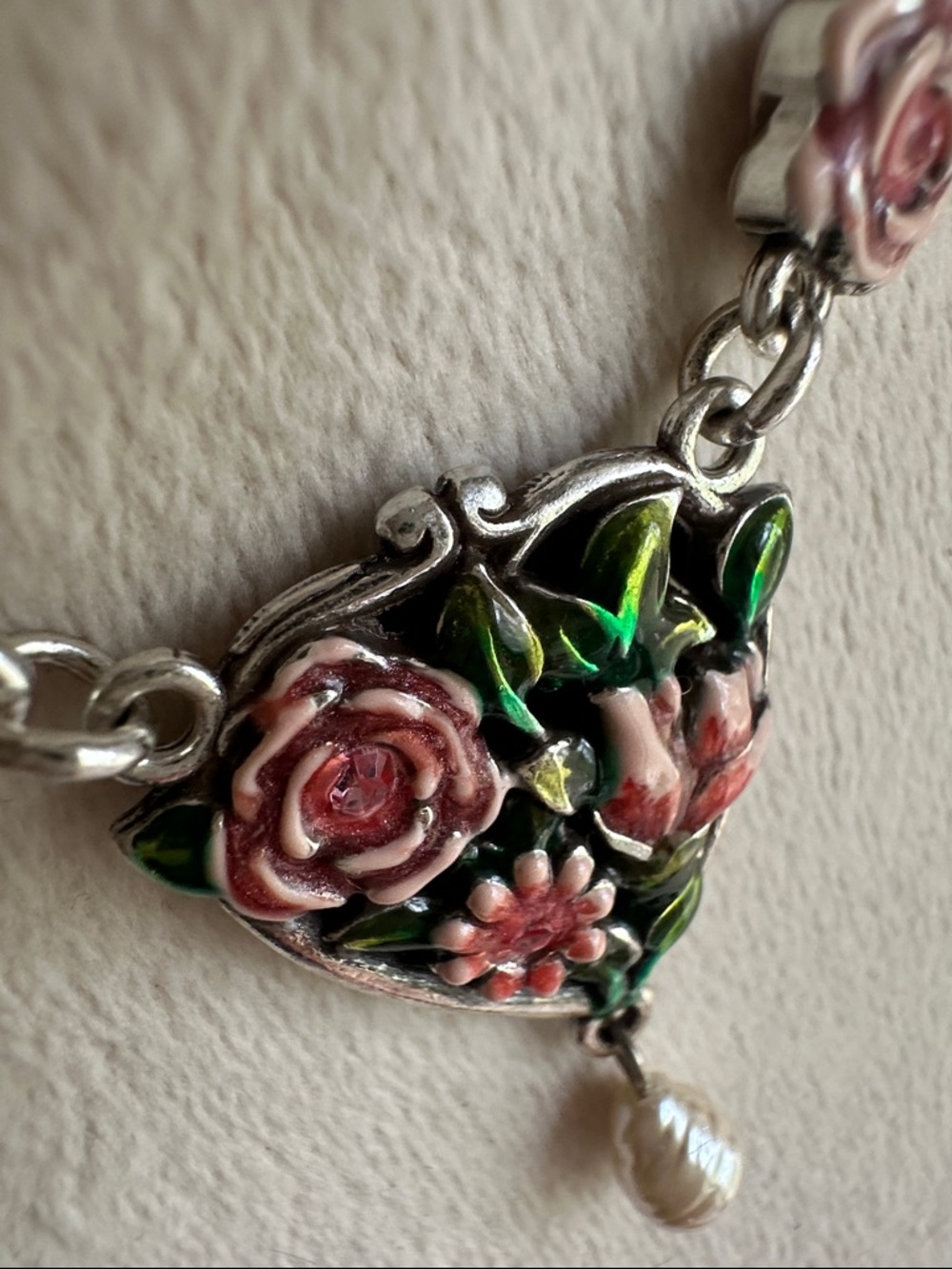 Brighton Silver-Tone Pink Enamel Rose Necklace with Pearl Drop - Picture 13 of 14